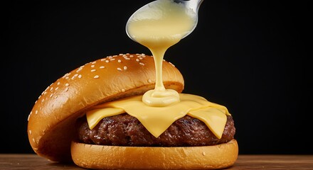 Gourmet burger topped with cheese sauce