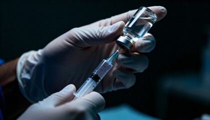 Doctor or scientist in sterile gloves drawing a vaccine or medicine from a vial into a syringe. Concept for vaccination, immunization, medical treatment, and scientific research.