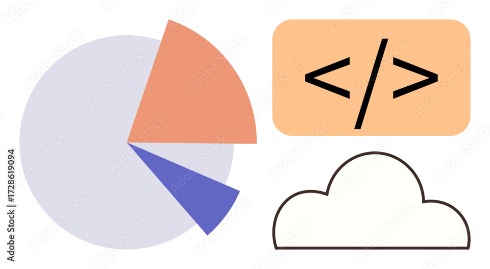 Aufkleber pie chart with segments, coding tag on orange box, and cloud outline. ideal for data analytics, codi