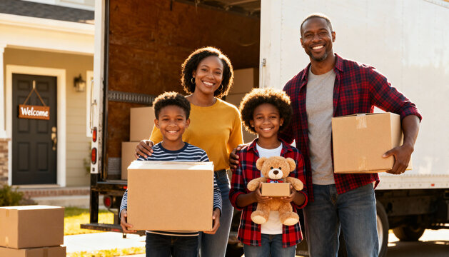 Happy African American family moving day. Parents and children holding cardboard boxes in front of new house and truck. Real estate, homeownership, relocation, new beginning.
