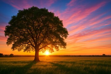 Fototapeta premium Solitary tree silhouetted against vibrant sunset sky with colorful clouds and long shadows across grassy field