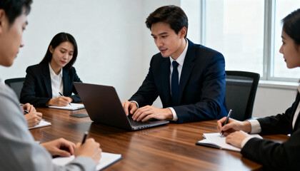 Business professionals in formal suits during a corporate meeting around a wooden table, man using laptop, colleagues taking notes in modern office conference room