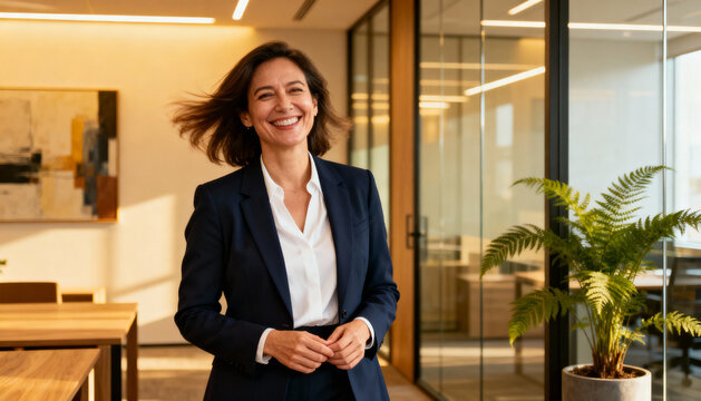 Confident mid-adult businesswoman in a modern office. Cheerful female professional smiling. Portrait of a successful corporate leader. Concept for career, business success, and empowerment.