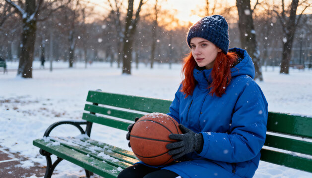 Young woman with red hair holding a basketball sits alone on a park bench in winter. Female athlete resting outdoors in the snow at sunset. Concept of contemplation, sport.