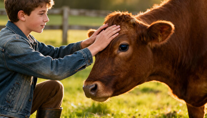 Gentle bonding moment between a young boy and a friendly brown cow on a farm. Concept of human-animal connection, friendship, care, empathy and sustainable, ethical agriculture.