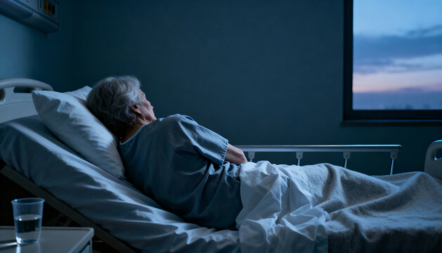 Lonely elderly woman in a hospital bed looking out a window at dusk. Concept for end of life, solitude, aging, depression, grief, loss, and senior healthcare issues.