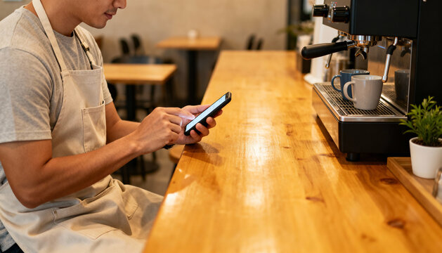 Young male barista using a smartphone at a coffee shop counter. Small business owner managing orders, inventory or social media. Concept of entrepreneurship and technology. - Powered by Adobe