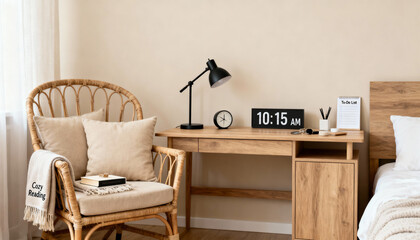 Cozy bedroom interior with reading corner. Minimalist Japandi style home office space with wooden desk, wicker chair, to-do list and lamp. Morning routine and organization concept.
