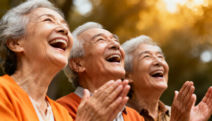 Happy senior friends laughing together outdoors. Cheerful group of elderly Asian people enjoying a fun moment in a park. Healthy active lifestyle in retirement. Togetherness.