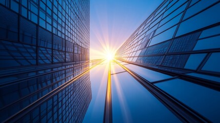 Sun rays shining between skyscrapers at dawn highlighting modern architecture in a vibrant cityscape
