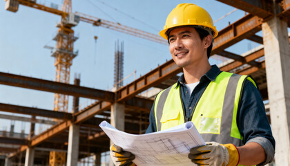 Portrait of a confident Asian male engineer or architect in a hard hat holding blueprints at a construction site. Supervisor overseeing building project with a crane background.
