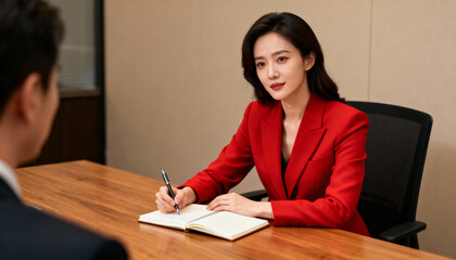 Confident Asian businesswoman in red blazer in a job interview. Female HR manager taking notes, listening to a candidate. Professional consultant in a corporate meeting.
