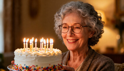 Portrait of a happy senior woman celebrating her birthday, holding a cake with lit candles. Concept of aging gracefully, joy, family celebration, and life milestones.