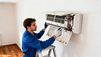 HVAC technician performing maintenance on a wall-mounted air conditioner. Professional repairman in uniform on a ladder fixing a split system unit. Home appliance service concept.