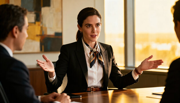 Confident professional businesswoman leading a corporate meeting. Female executive, lawyer, or manager gesturing and discussing strategy with colleagues in a modern office.