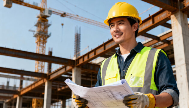 Portrait of a confident Asian male engineer or architect in a hard hat holding blueprints at a construction site. Supervisor overseeing building project with a crane background. - Powered by Adobe