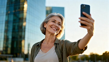 Happy mature woman taking selfie with smartphone outside in city environment. Modern lifestyle and active senior concept. Older person enjoying technology, communication, social media.