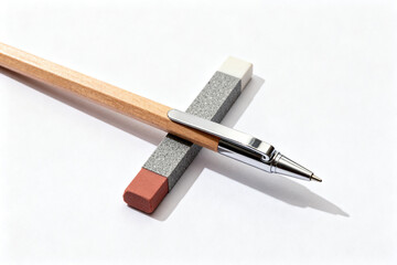 A wooden pencil with a metallic tip rests diagonally across a rectangular eraser on a white background.