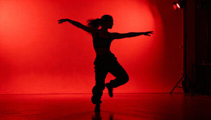 Dynamic silhouette of powerful female dancer performing expressive contemporary dance in vibrant red studio lighting, movement energy, artistic shadow play