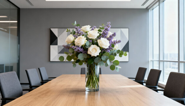 Elegant white rose and lavender floral arrangement centerpiece in modern office conference room, bright natural light, corporate meeting decor, stylish professional workspace
