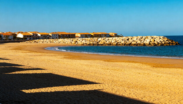 Scenic coastal landscape with a golden sand beach and stone breakwater protecting a calm blue sea bay. Picturesque seaside town houses perfect for summer vacation and travel. - Powered by Adobe