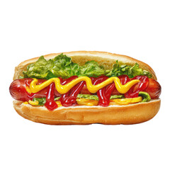 Hot dog on a bun, topped with condiments and lettuce