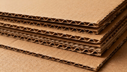 Closeup of stacked corrugated cardboard sheets showing layers. Brown kraft paper texture for background. Packaging material for shipping, logistics. Recycled paperboard concept.