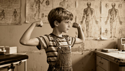 Confident caucasian boy flexing biceps in vintage doctor's office. Strong healthy child showing power and strength with anatomical charts in the background. Retro childhood concept.