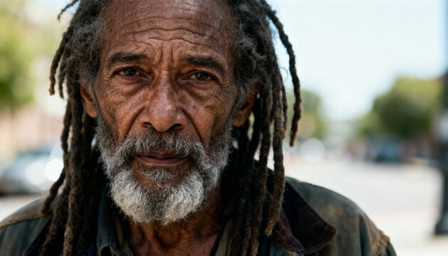 Close-up portrait of a poor, sad homeless senior man with dreadlocks. Concept of poverty, social issues, inequality, despair, loneliness, and human rights on the street.
