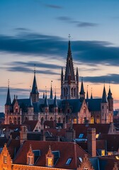 Naklejka premium Bruges cityscape: A panoramic view of twilight bathes the medieval gothic skyline, showcasing intricate architecture