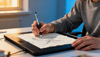 Creative professional using a stylus on a digital drawing tablet for sketching and design, modern technology, graphic design concept, workspace and creativity