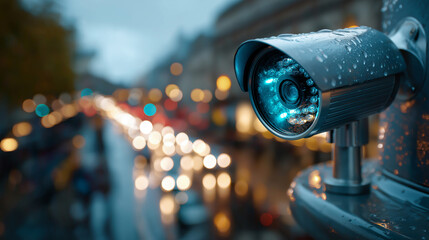 Security camera monitoring a busy city street on a rainy day, under soft urban light, highlighting sleek design and reflective surfaces, serene city scene, calm rainy lighting, wit