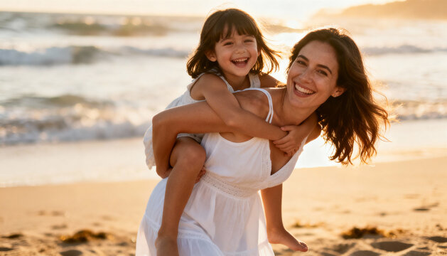 Joyful young mother giving a laughing daughter a piggyback ride on the sandy beach at sunset, happy family bonding, summer vacation, carefree moments, ocean waves background
