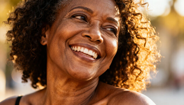 Joyful mature African woman with curly hair laughing outdoors, radiant smile, natural beauty, positive emotion, happiness, uplifting moment, warm sunlight glow