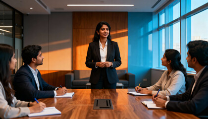 Indian businesswoman leading team meeting. Confident female leader giving presentation in modern office. Concept of corporate success, business strategy, coaching and collaboration.
