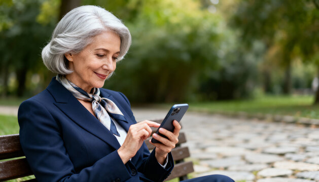 Stylish senior woman using smartphone outdoors, elegant gray-haired businesswoman messaging on mobile phone, modern technology and communication concept in park