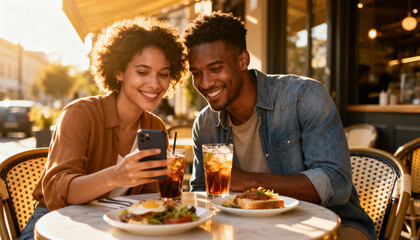 Happy multiracial couple using a smartphone on a date at a sunny outdoor cafe. A young man and woman enjoying brunch together. Modern lifestyle, love, and technology concept.
