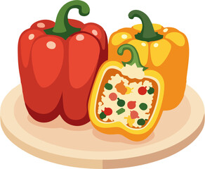 Flat Vector Illustration of Red and Yellow Stuffed Bell Peppers with Rice and Vegetables on Wooden Cutting Board, Fresh Healthy Food Concept