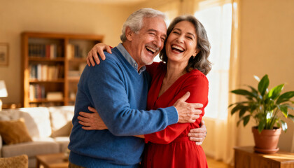 Happy elderly couple laughing and hugging joyfully at home in cozy living room, senior love and affection, family moments, lifestyle and happiness concept