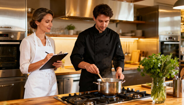 Professional chef cooking in modern kitchen while restaurant owner with apron takes notes, culinary teamwork, food preparation, cooking class, kitchen business