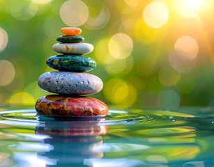 Obraz premium Colorful stones balanced on water, tranquil nature scene