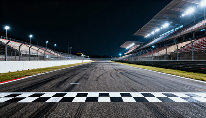 Empty illuminated race track at night with checkerboard finish line, tire marks on asphalt, fenced grandstands and floodlights in sports stadium, racing circuit outdoors, motor sport venue
