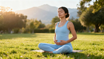 Peaceful pregnant woman practicing breathing exercises and meditation outdoors in scenic park with mountains in background during golden hour wellness prenatal health