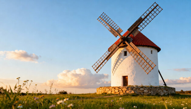 Traditional rustic windmill with wooden sails and red tiled roof standing on stone foundation in blooming meadow under clear blue sky at golden hour countryside landscape - Powered by Adobe