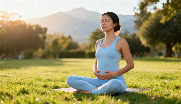 Peaceful pregnant woman practicing breathing exercises and meditation outdoors in scenic park with mountains in background during golden hour wellness prenatal health