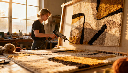 Young woman using tufting gun crafting modern textured rug with abstract geometric design in sunny artisan workshop, creative textile art, handmade decor