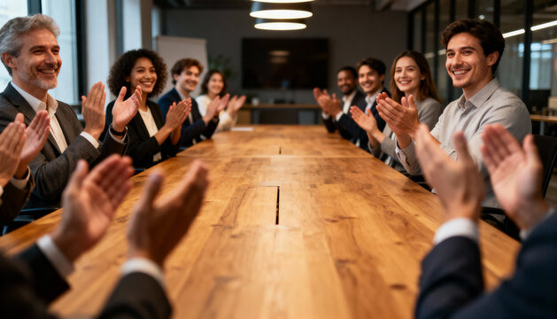 First-person view of a diverse business team clapping in a meeting. POV of a speaker after a successful presentation. Concept of appreciation, success, and teamwork in a corporation.