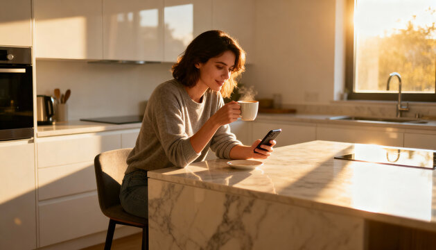 Young woman relaxing in modern kitchen enjoying hot coffee and browsing smartphone in morning sunlight, cozy home lifestyle, digital communication, warm atmosphere