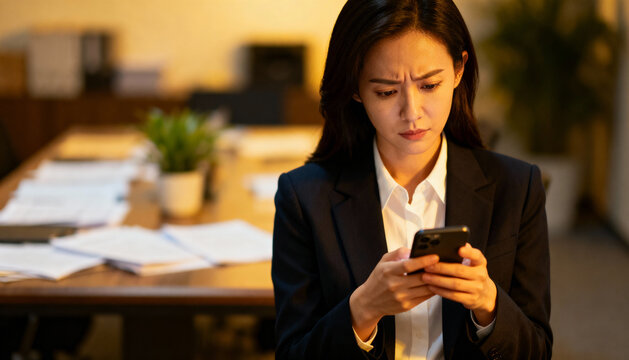 Thoughtful Asian businesswoman in formal suit using smartphone, serious expression, office environment, late work focus, technology and communication concept - Powered by Adobe
