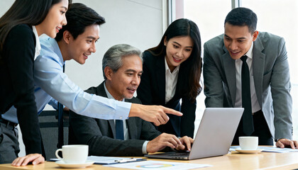 Diverse Asian business team in a meeting, collaborating on a project using a laptop. Corporate professionals discussing strategy and planning for success in a modern office setting.